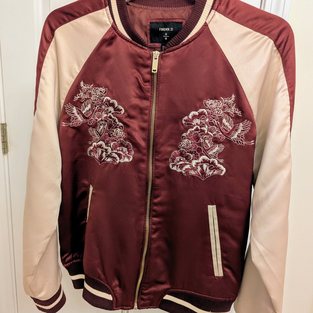 Forever 21 Burgundy and Cream Bomber Jacket